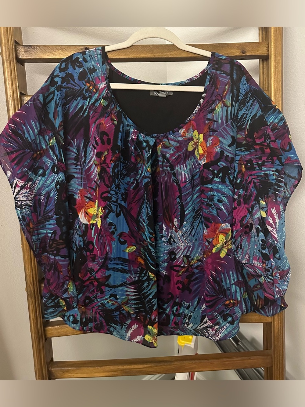 Roz & Ali Tropical Floral Scoop Neck Blouse in Blue, Purple, Pink, Yellow